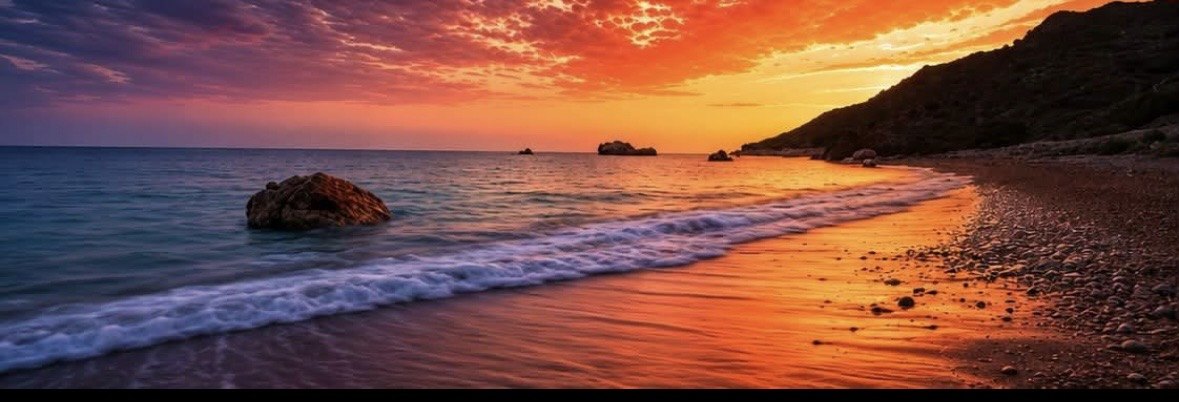 Leuchtend roter Sonnenuntergang über dem Meer an einem Kieselstrand