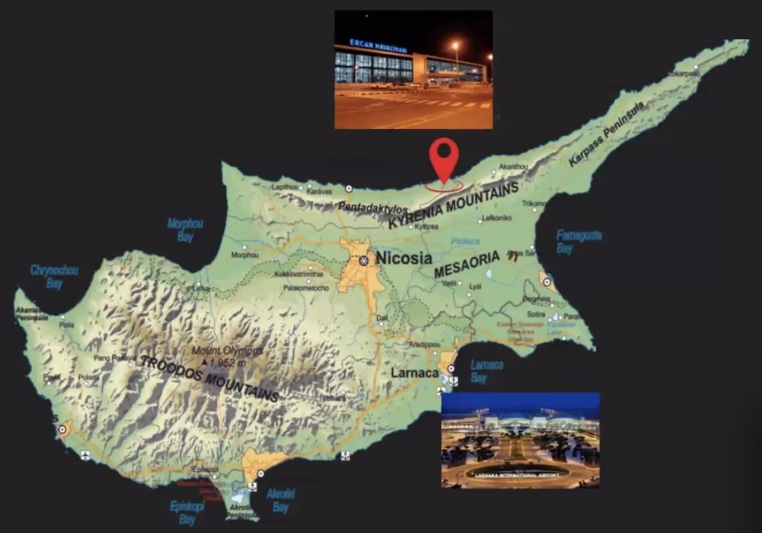 Karte von Zypern mit Markierung an der Nordküste, Flughafen Ercan im Norden und Flughafen Larnaka im Süden