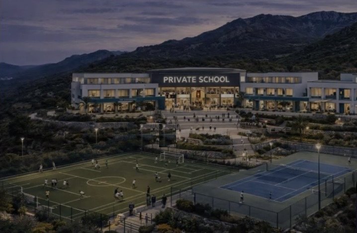 Visualisierung einer Privatschule mit Fußball- und Tennisplatz vor den Bergen